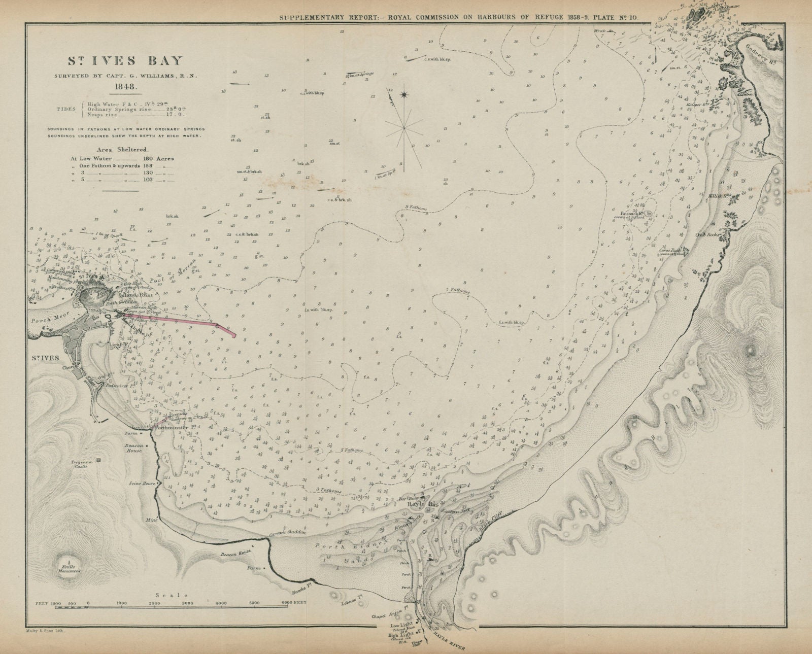 St Ives Bay surveyed by Capt. G Williams. Proposed breakwater. Cornwall 1859 map